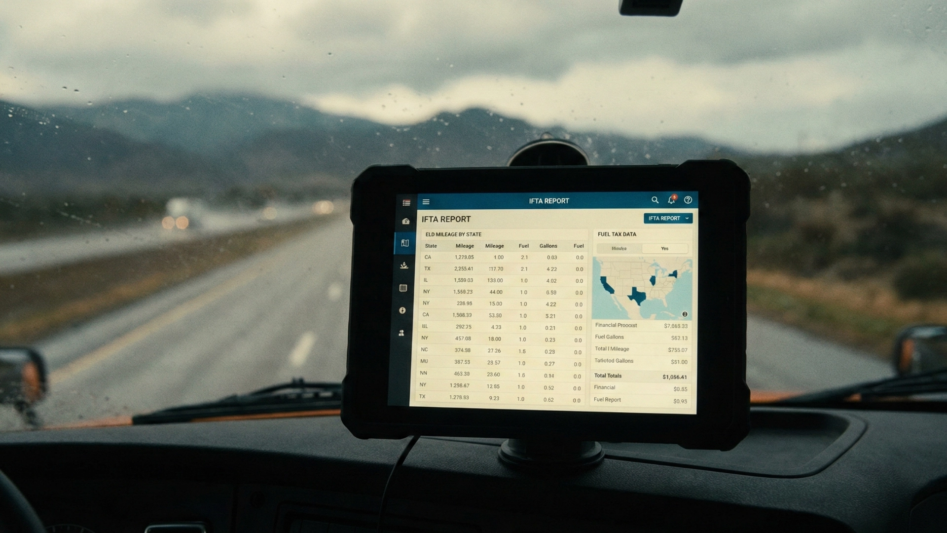 IFTA reporting screen with ELD mileage by state and fuel tax data for a multi-state trucking fleet.