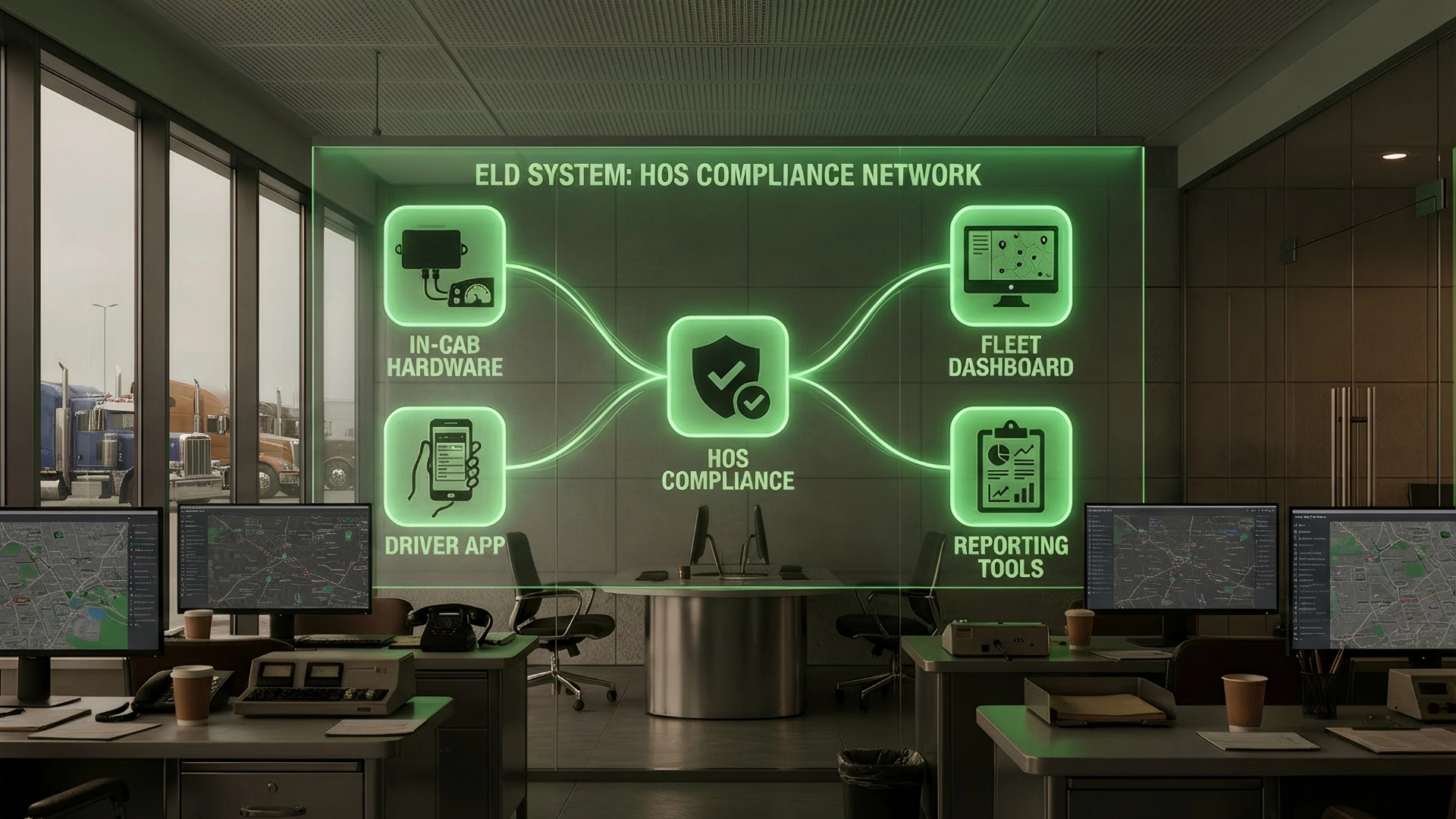 Diagram of an ELD system for trucks showing in-cab hardware, driver app, fleet dashboard and reporting tools working together for HOS compliance.
