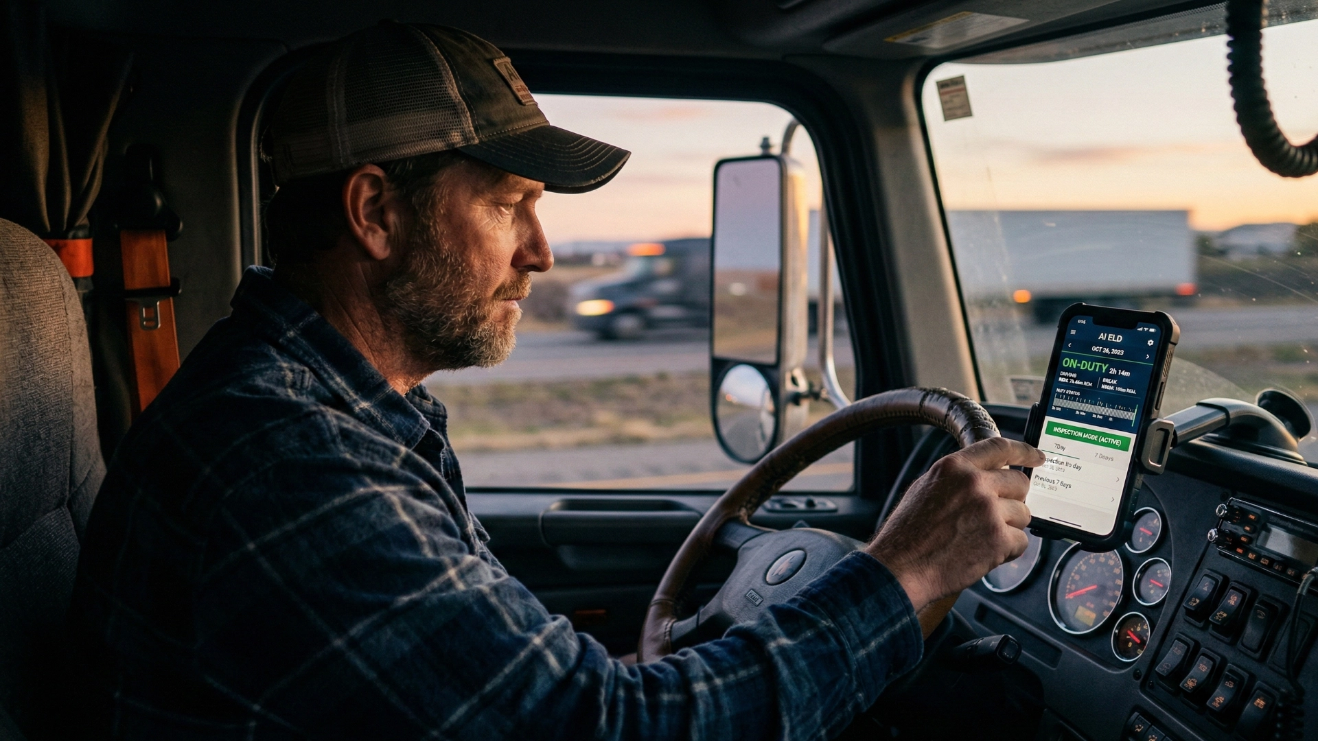 Truck driver using an electronic logbook app showing duty status, HOS counters and inspection mode on a mobile device in the cab.