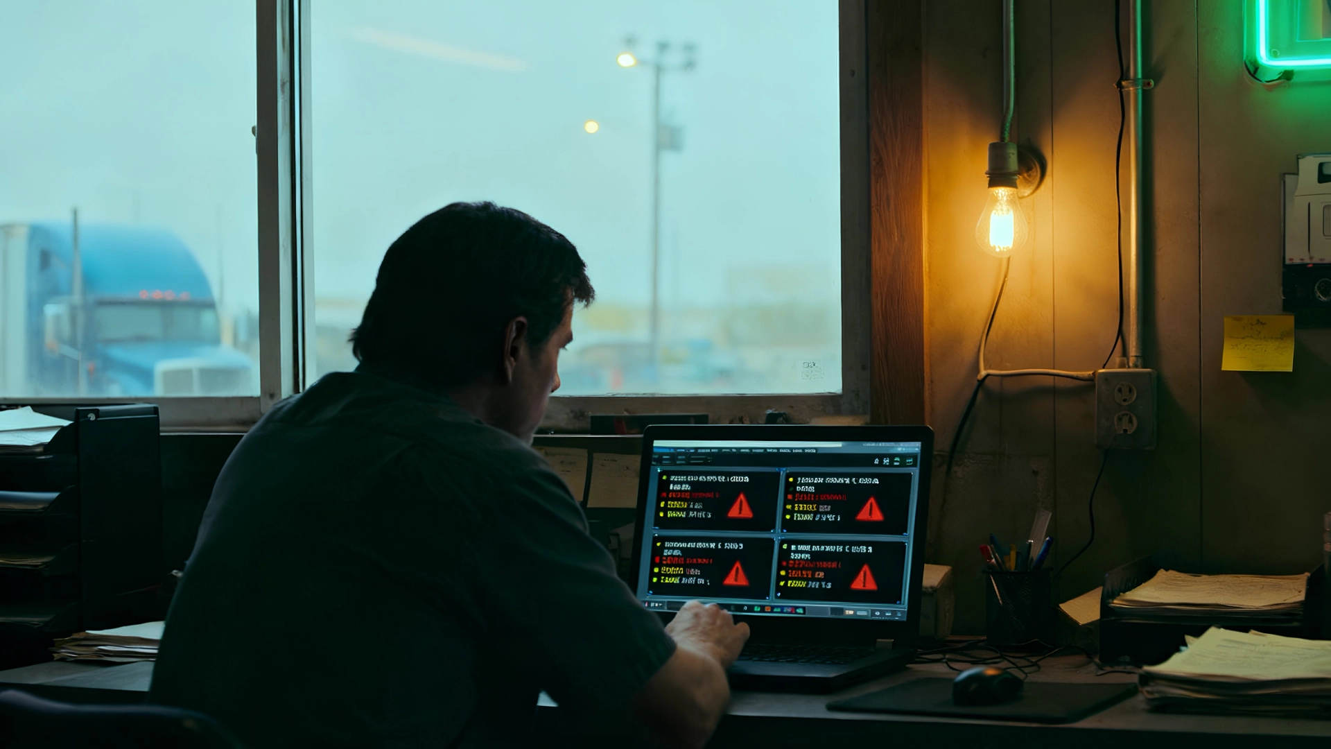 Fleet manager reviewing truck fault codes and ELD diagnostics alerts on a laptop dashboard, with active and stored warnings visible for multiple trucks.