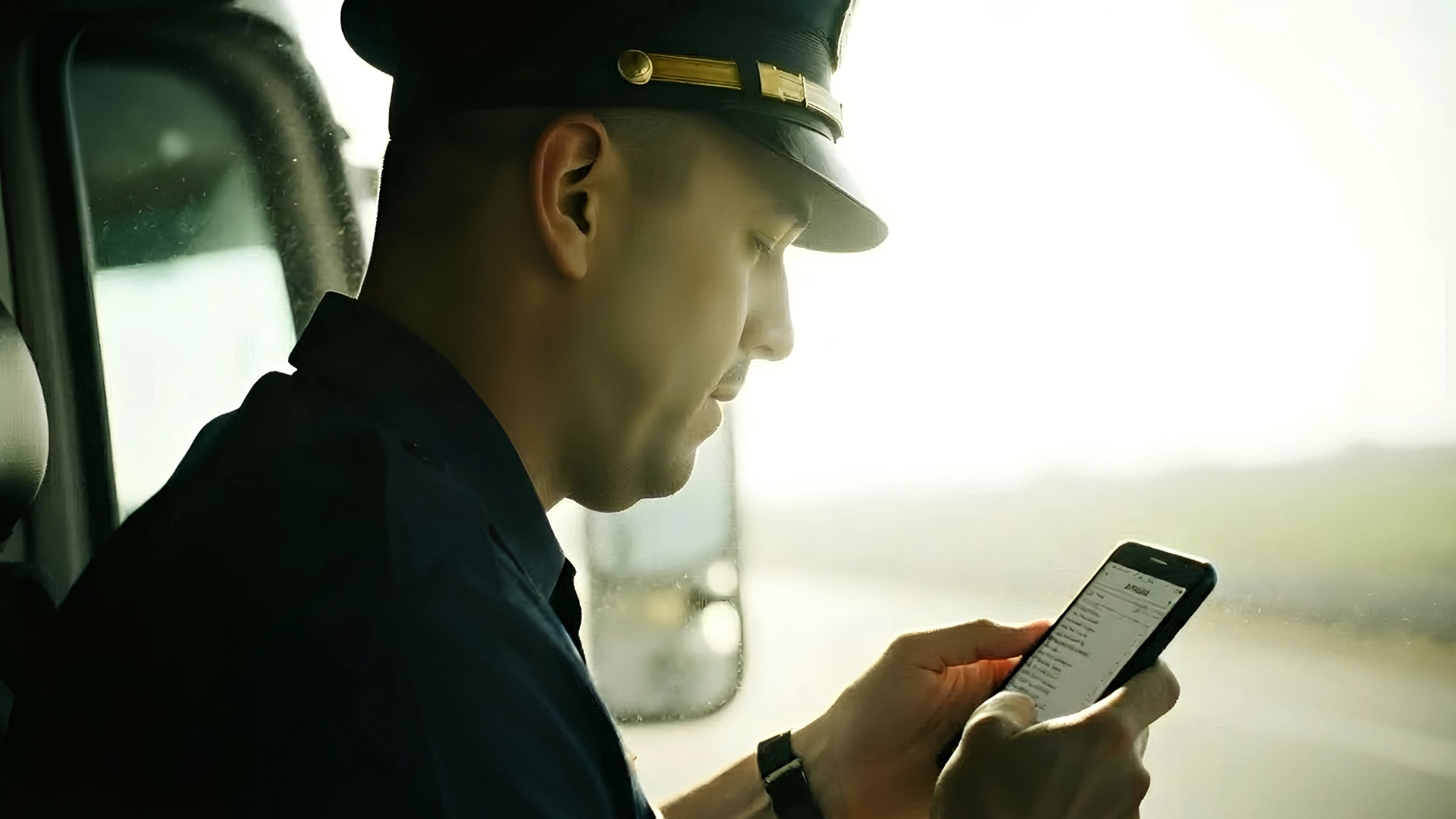 DOT officer reviewing ELD logs on a driver's phone during a roadside truck inspection