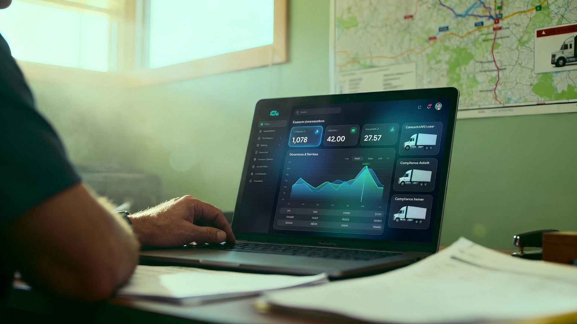 Fleet manager reviewing driver HOS logs and compliance alerts on an ELD dashboard for a small trucking fleet