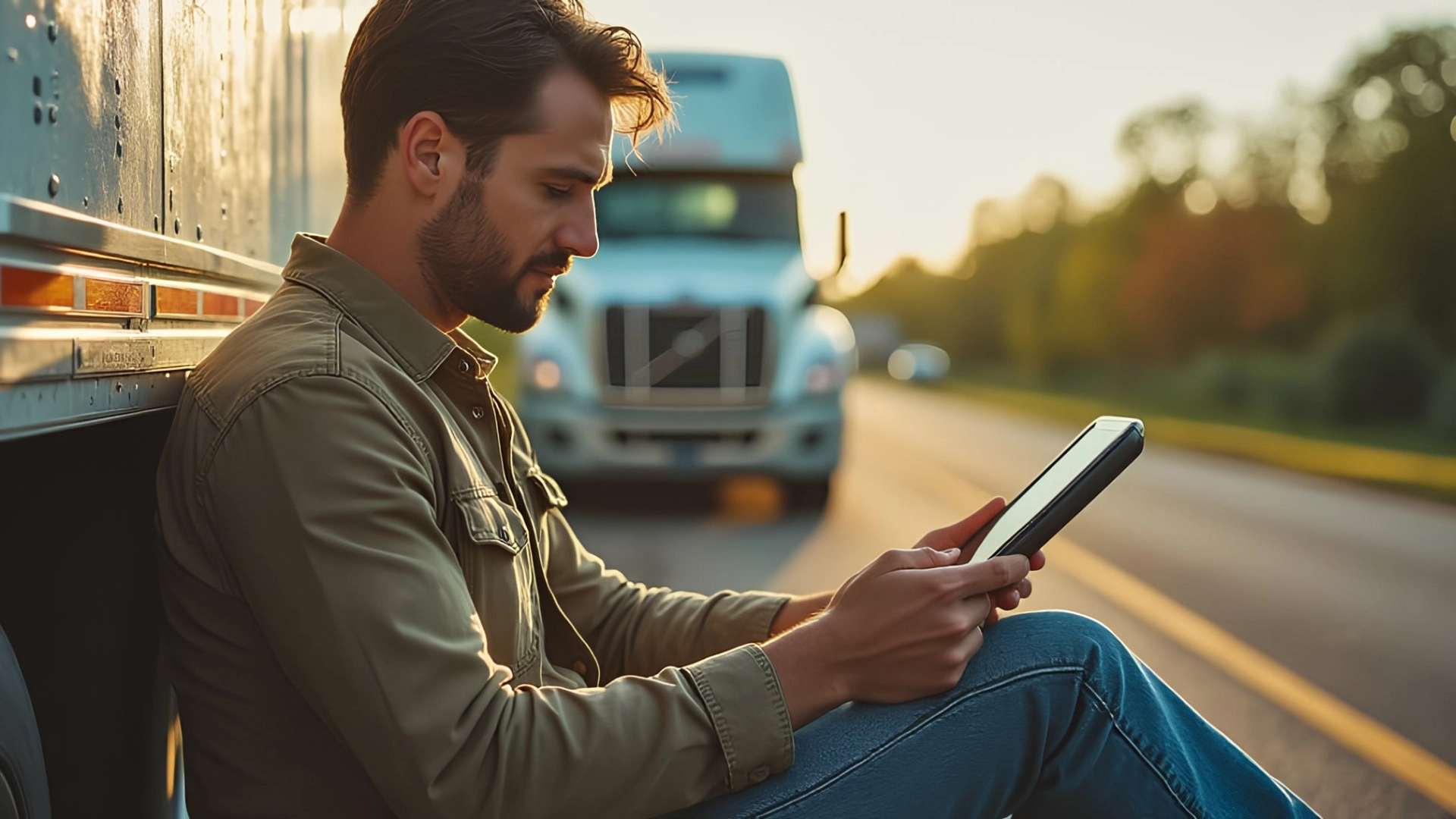 Fleet manager reviewing FMCSA ELD mandate exemption conditions on a tablet with a commercial truck parked in the background