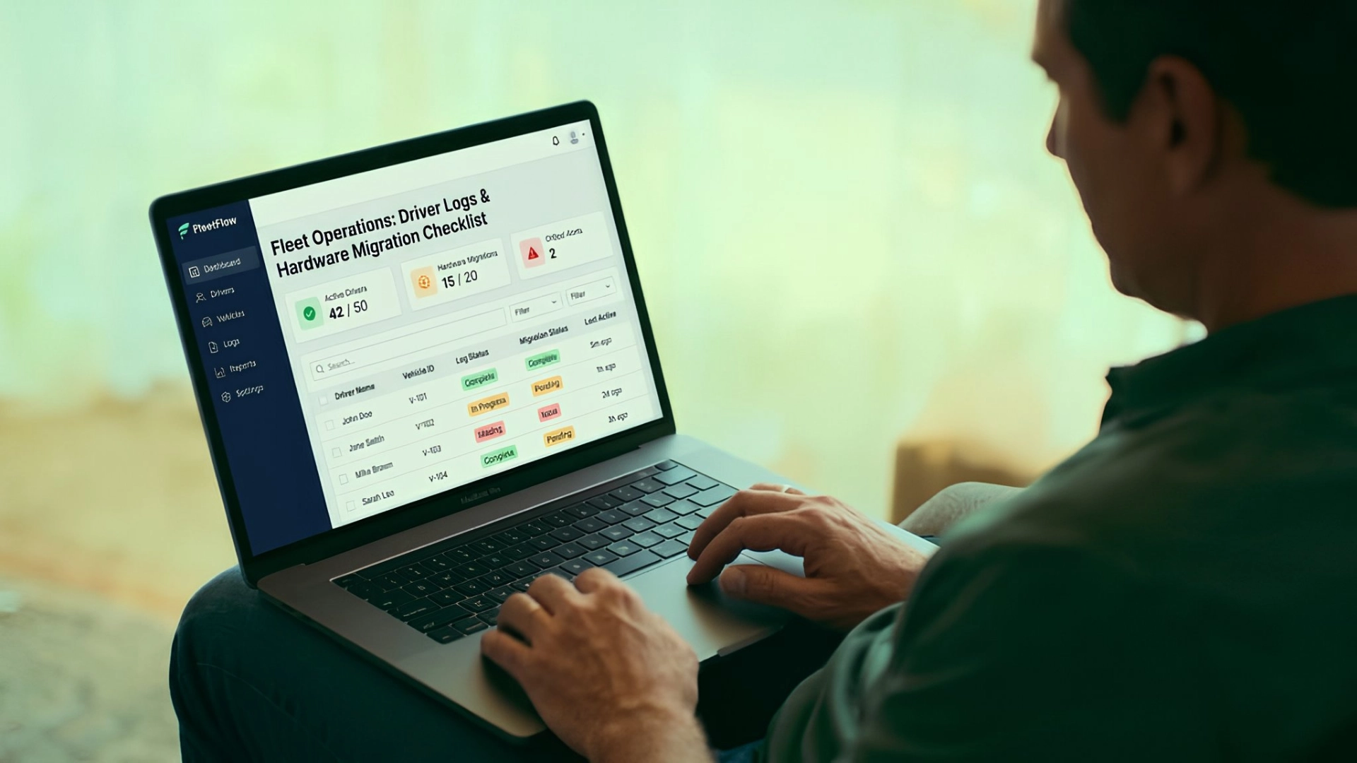 Fleet manager coordinating an ELD provider transition on a laptop showing driver logs and hardware migration checklist