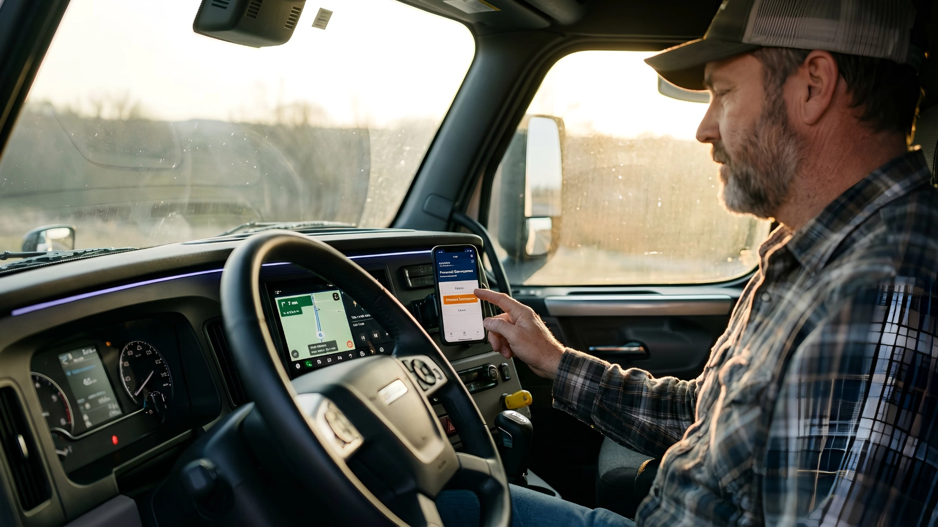 Truck driver selecting personal conveyance status on an ELD app in the cab after completing an off-duty delivery