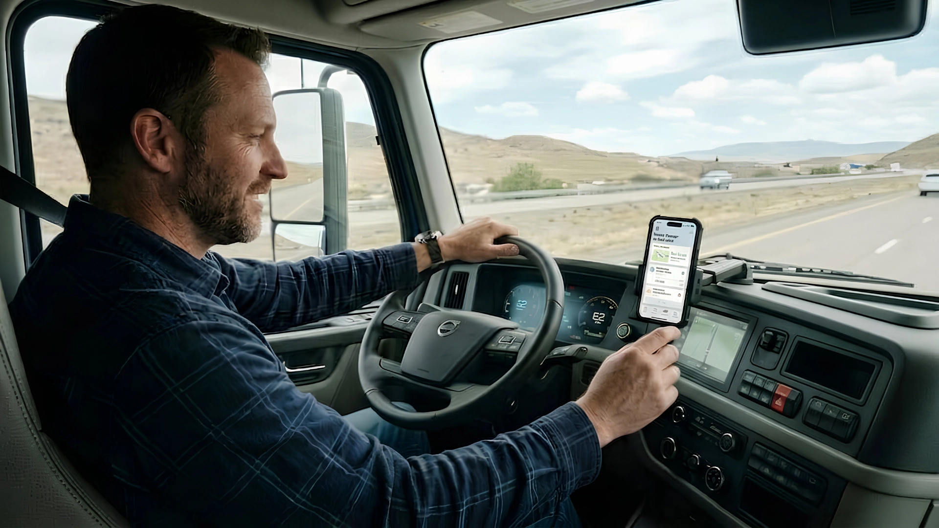 Truck driver reviewing hours of service remaining time on an ELD app showing shift hours, cycle hours, and driving time counters