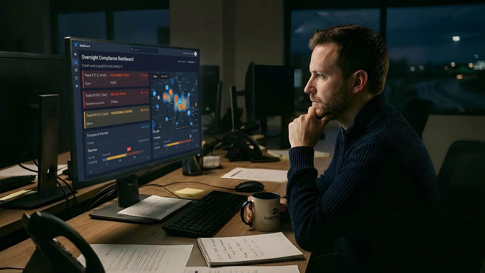 Fleet manager viewing an ELD dashboard showing overnight compliance alerts and disconnect events on trucks running between midnight and 5am