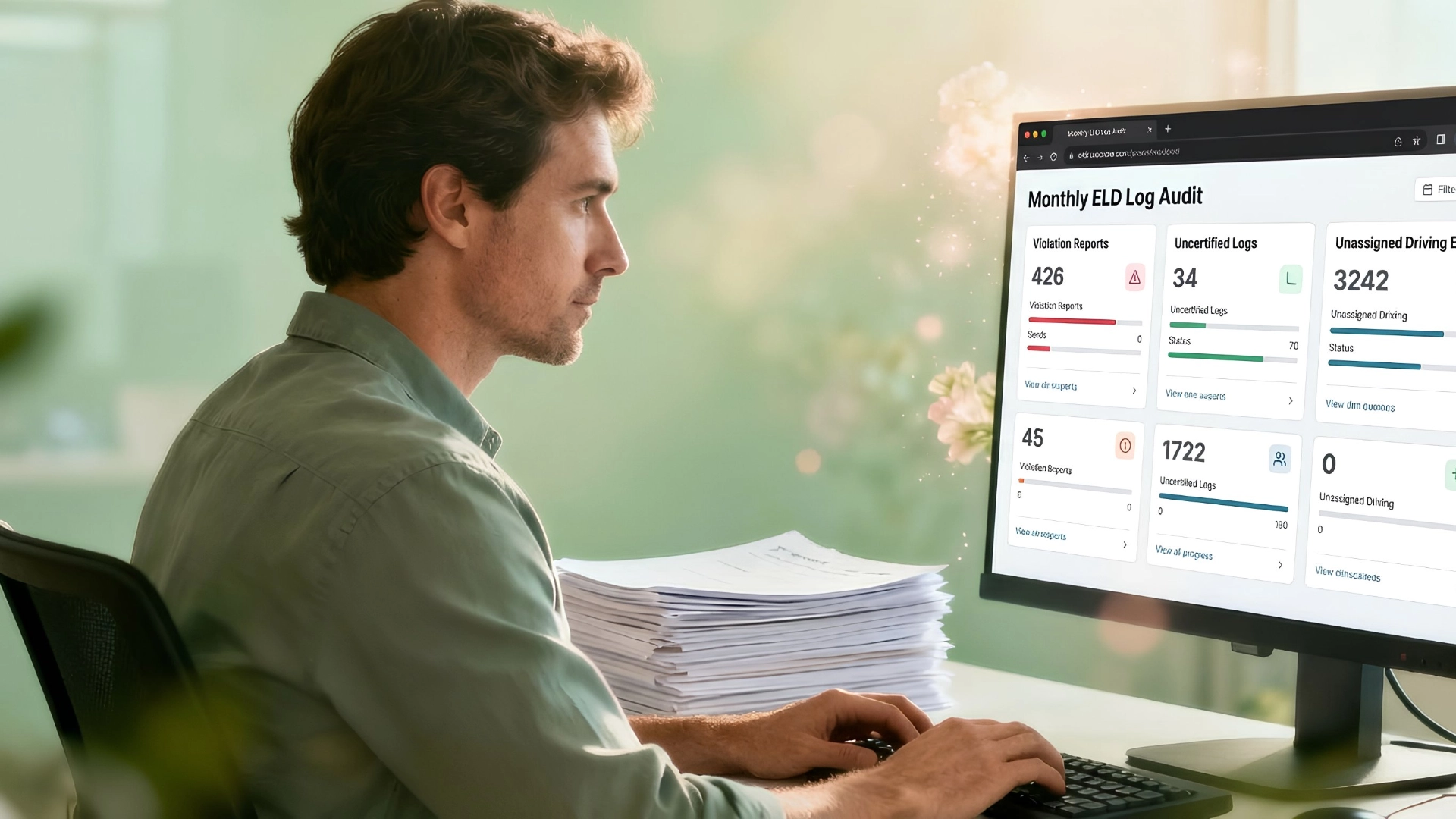 Fleet manager running a monthly ELD log audit on a back-office dashboard showing violation reports, uncertified logs, and unassigned driving events