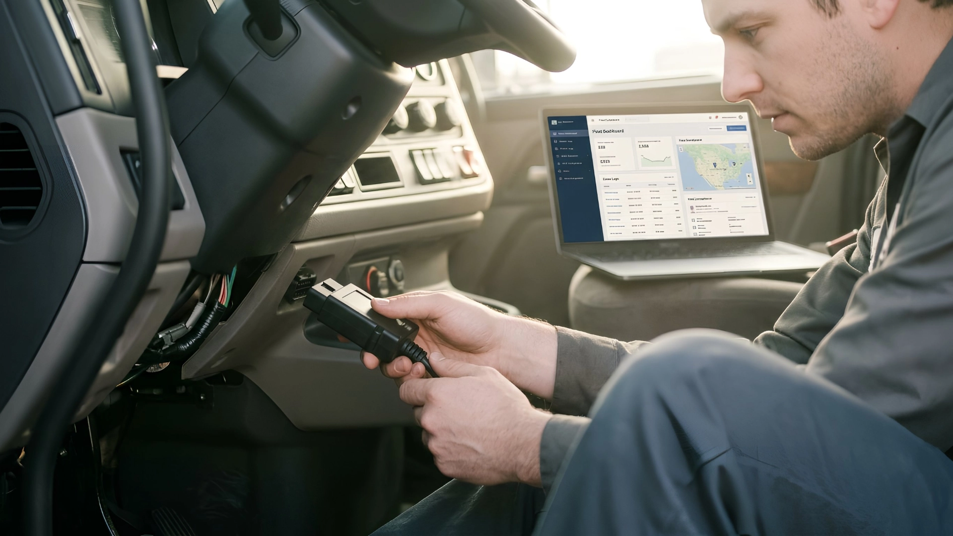 Fleet technician installing a 9-pin ELD device into a heavy-duty truck's diagnostic port, with a laptop showing the ELD back-office dashboard in the background