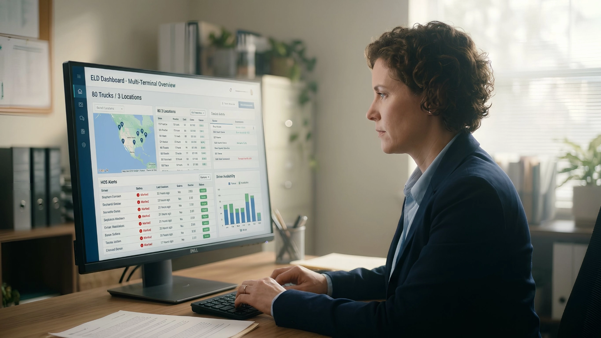 Safety director reviewing a multi-terminal ELD dashboard showing HOS alerts and driver availability across 80 trucks at three locations