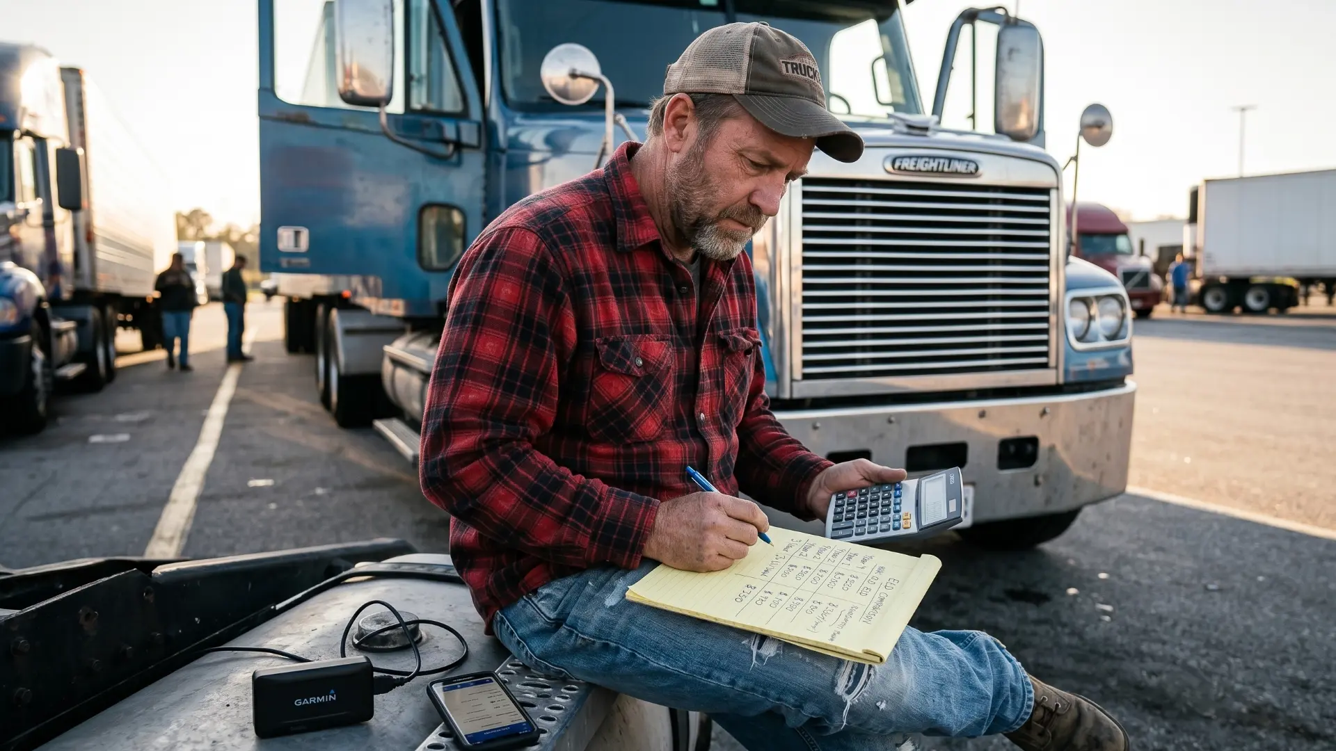 Owner-operator calculating ELD total cost of ownership on a notepad next to a truck cab, comparing a no-fee device against a subscription plan over three years