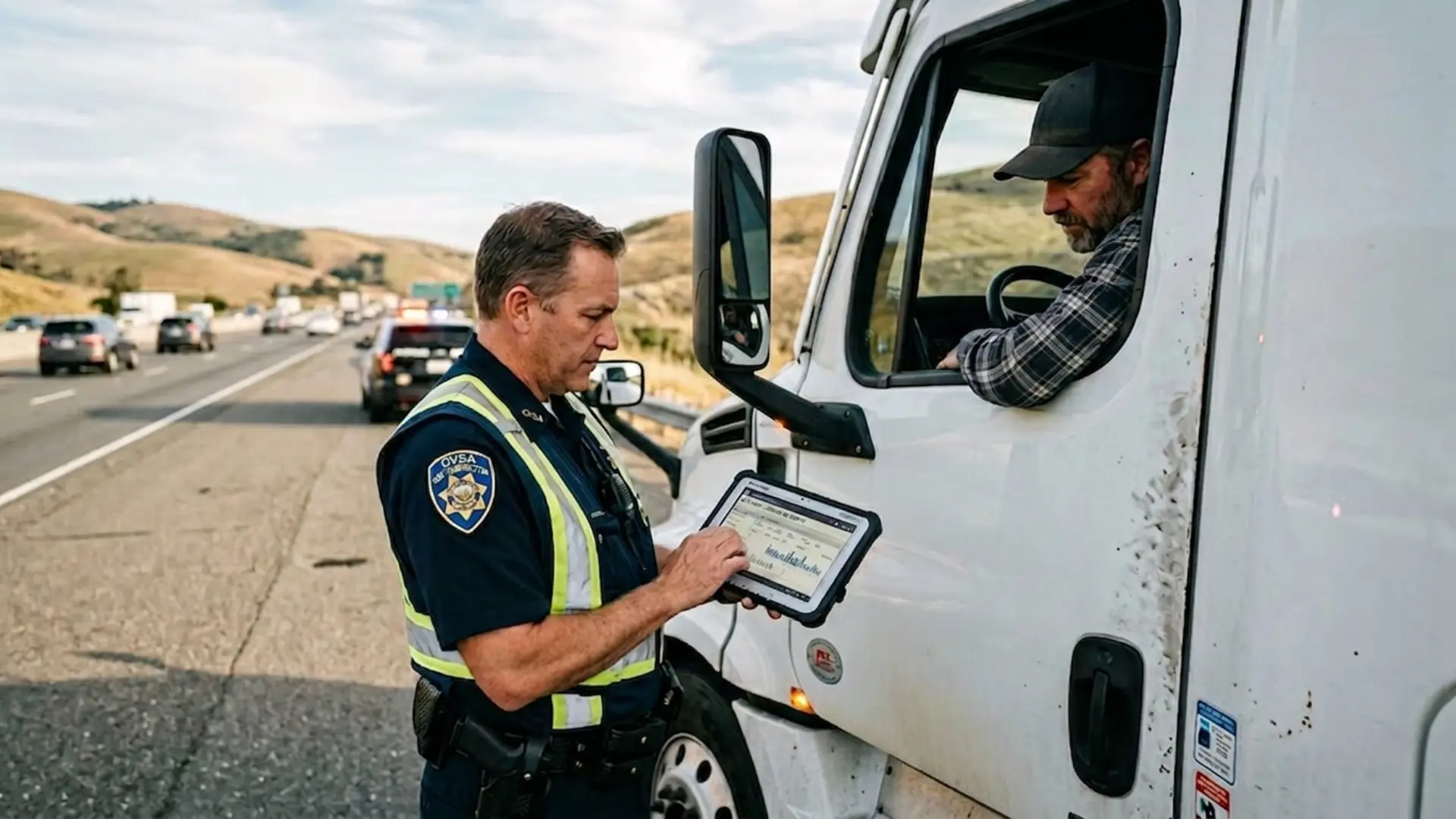 Commercial truck parked roadside during a DOT inspection, with a CVSA inspector reviewing ELD log data on a tablet through the driver side window
