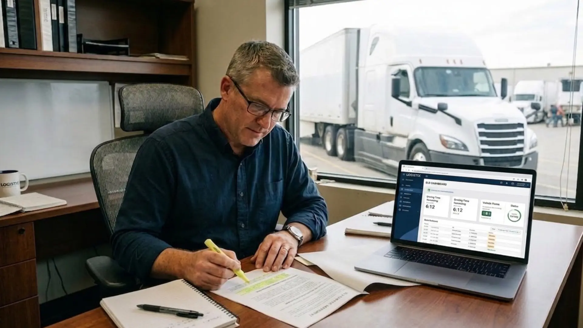 Fleet manager reviewing an ELD service contract at a desk, highlighting specific clauses with a pen, with a commercial truck visible through the office window behind them