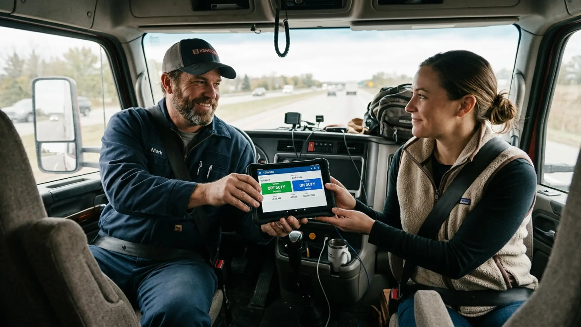 Two team drivers performing a co-driver handoff in a semi truck cab, with the ELD display showing duty status for both active and inactive driver accounts