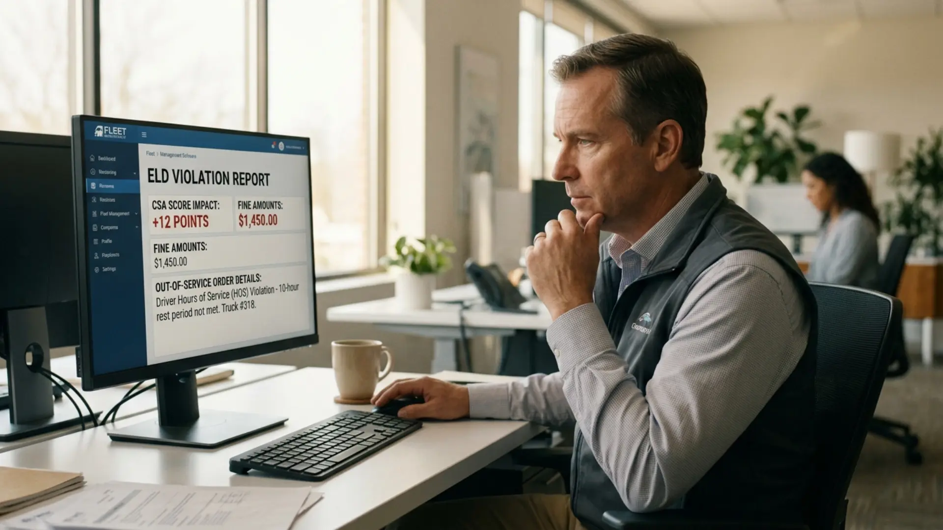 Fleet safety director reviewing an ELD violation report on a computer screen showing CSA score impact, fine amounts, and out-of-service order details for a commercial truck