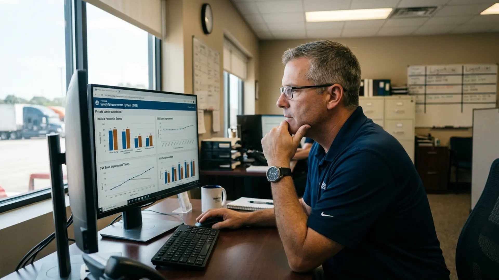 Fleet safety manager reviewing FMCSA Safety Measurement System BASIC percentile scores on a computer screen, with CSA score improvement data and HOS compliance charts visible