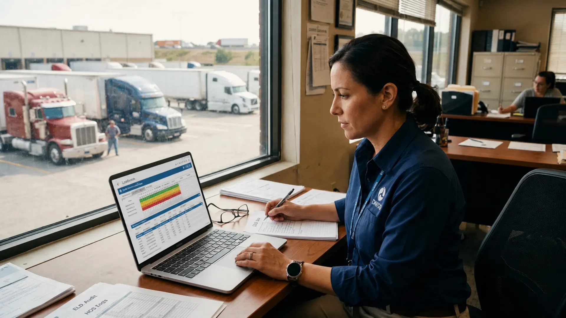 FMCSA compliance investigator reviewing ELD log records and HOS data on a laptop at a carrier terminal, with a commercial fleet visible through the office window