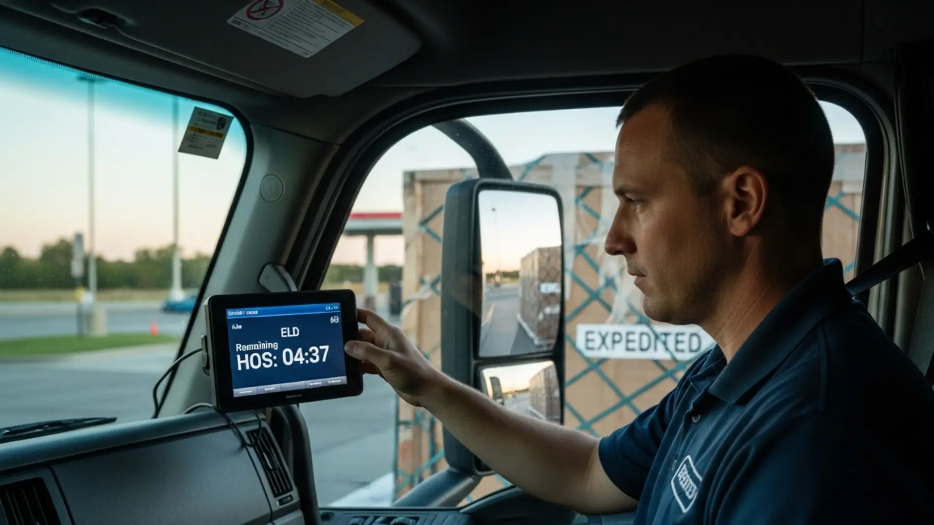 Expedited carrier driver checking remaining HOS hours on an ELD display inside a truck cab at a rest stop, with a time-sensitive freight load in the background