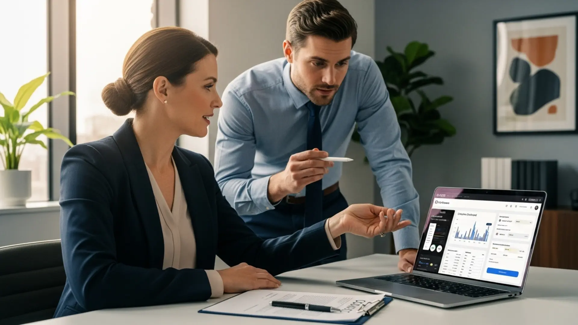 Fleet manager conducting an ELD platform demo on a laptop with a sales representative, testing driver app functions and compliance dashboard features before signing a contract