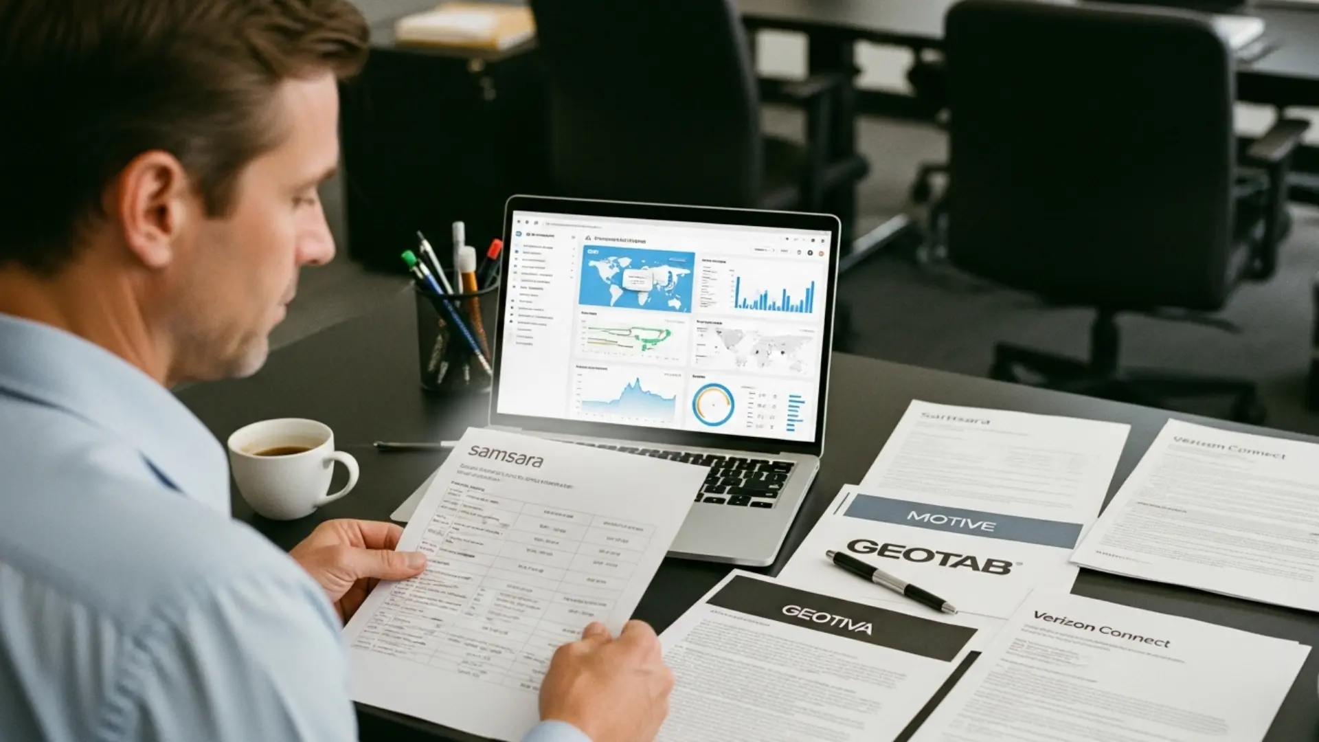 Fleet safety manager at a desk comparing ELD provider contracts and pricing documents for Samsara, Motive, Geotab, and Verizon Connect alongside an AI ELD dashboard on screen