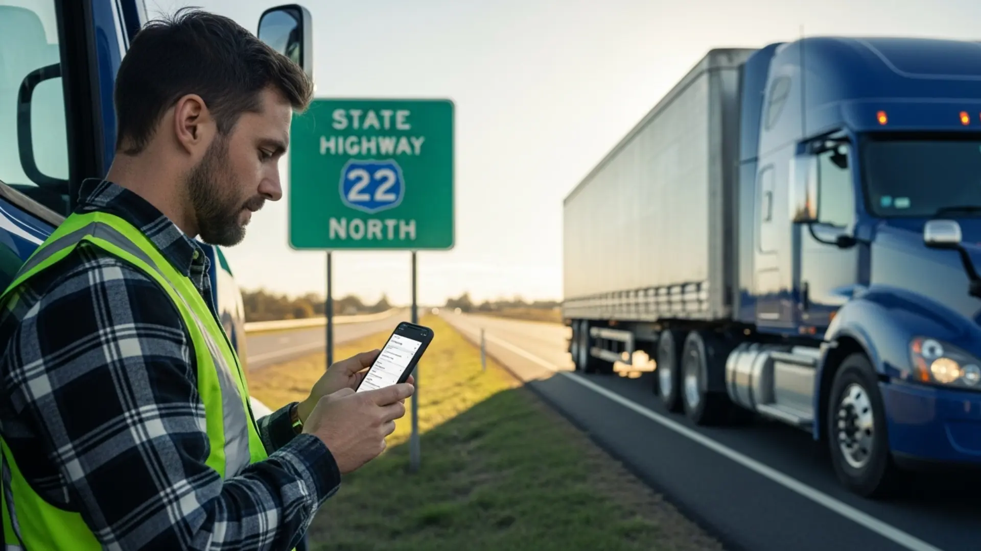 Commercial truck driver checking intrastate ELD compliance requirements on a smartphone, with a state highway sign and a loaded semi truck visible in the background