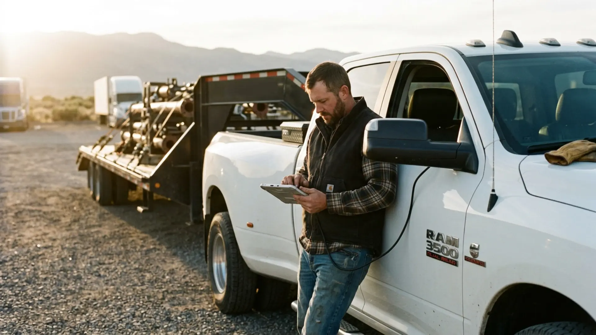 Hotshot truck driver reviewing ELD compliance requirements on a tablet next to a Ram 3500 DRW pickup pulling a loaded 40-foot gooseneck flatbed trailer at a rest stop