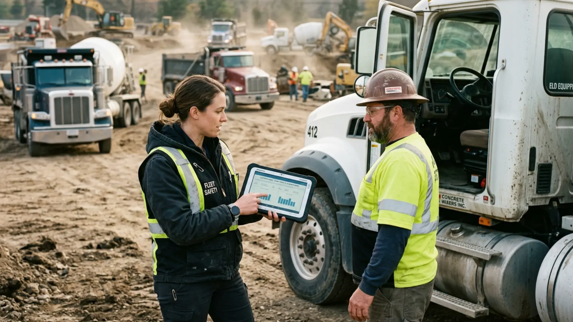 Construction fleet safety manager reviewing ELD compliance requirements for dump trucks and concrete mixers on a job site, with a mixed fleet of construction vehicles in the