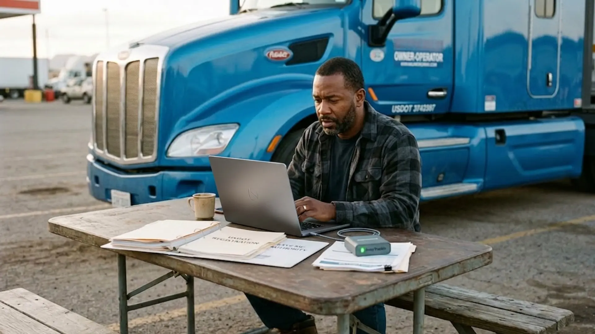 New authority owner-operator reviewing ELD setup requirements on a laptop next to their commercial truck, with USDOT registration documents and an ELD device visible on the desk