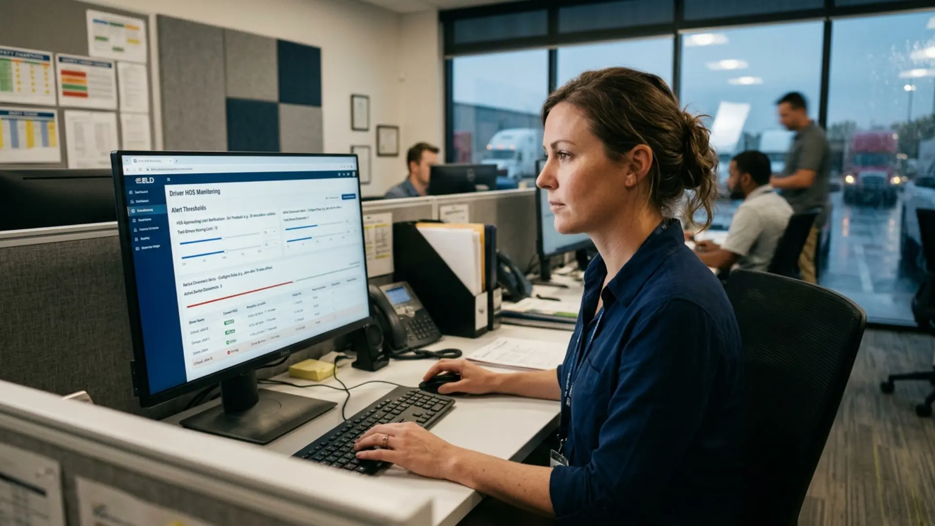 Fleet safety coordinator configuring ELD compliance dashboard alert thresholds on a computer screen showing HOS approaching limit notifications and device disconnect alerts