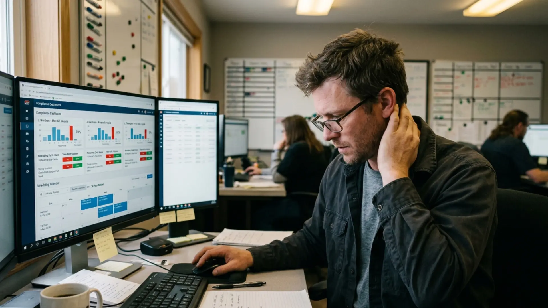 Fleet dispatcher reviewing ELD cycle hours remaining data on a compliance dashboard to schedule 34-hour restart timing for multiple drivers in a weekly dispatch plan