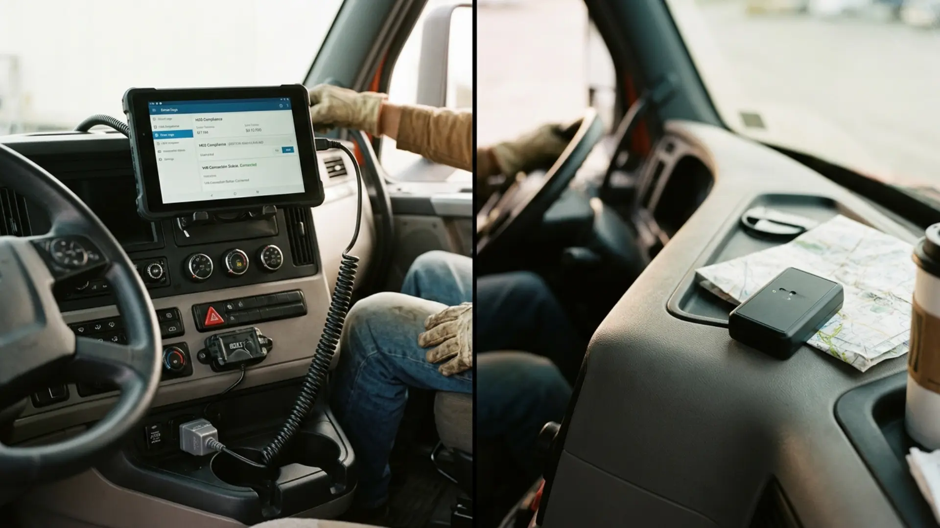Side-by-side comparison of an ELD device connected to a truck's engine diagnostic port and a standalone GPS tracker, illustrating the difference in compliance