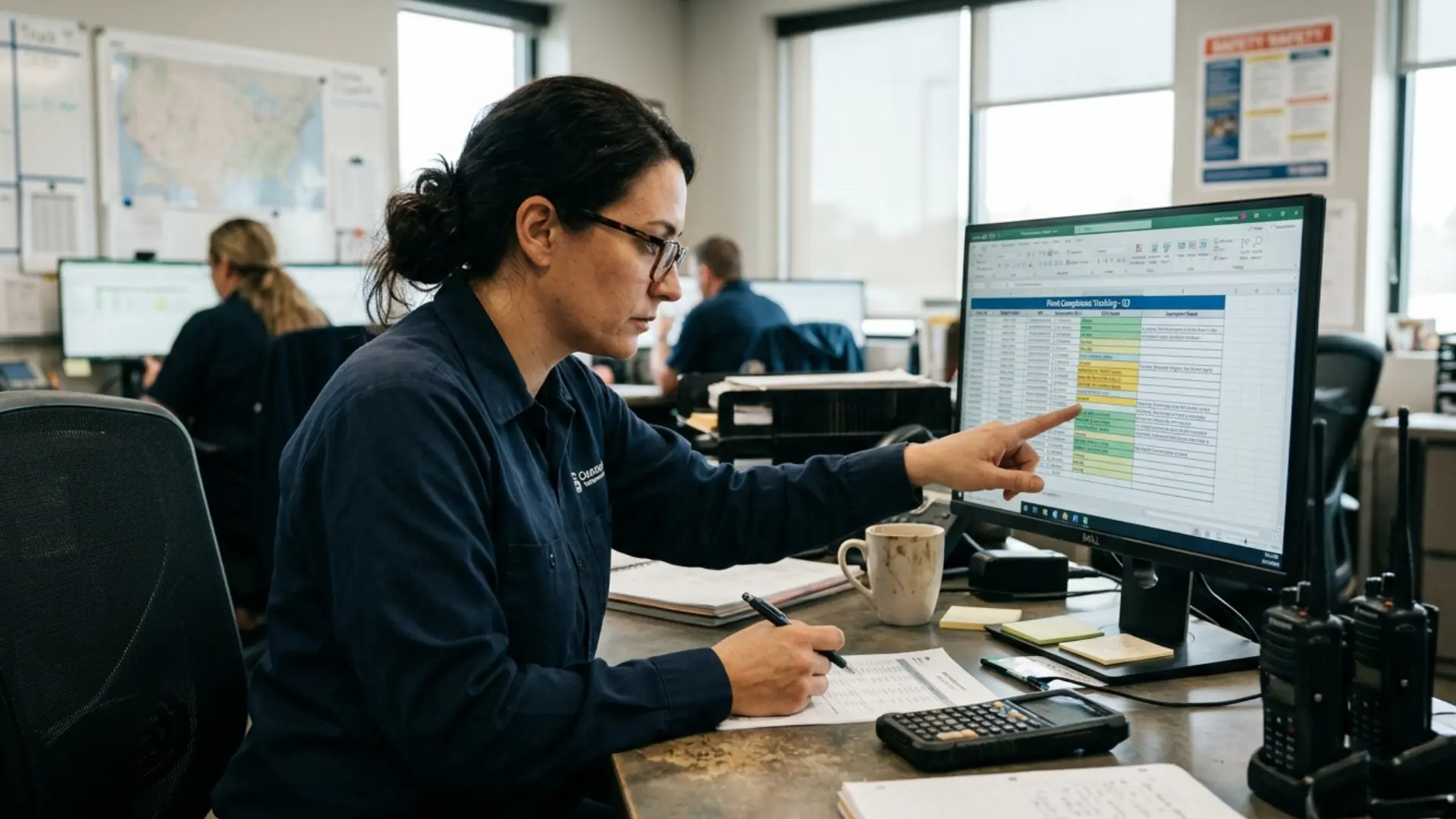 Fleet safety coordinator reviewing a compliance tracking spreadsheet showing which trucks in a mixed fleet require ELDs and which qualify for exemption status