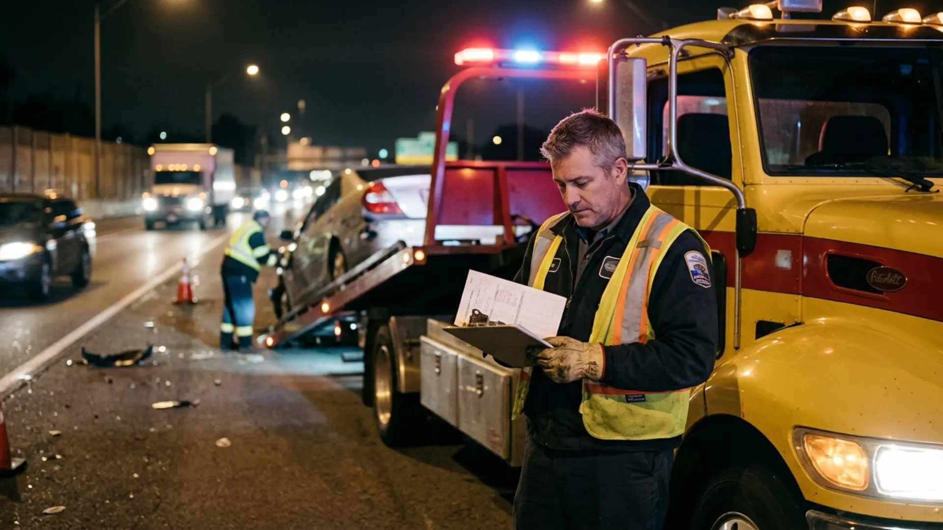 Tow truck operator reviewing ELD compliance paperwork beside a flatbed wrecker at a highway roadside recovery scene during an emergency call