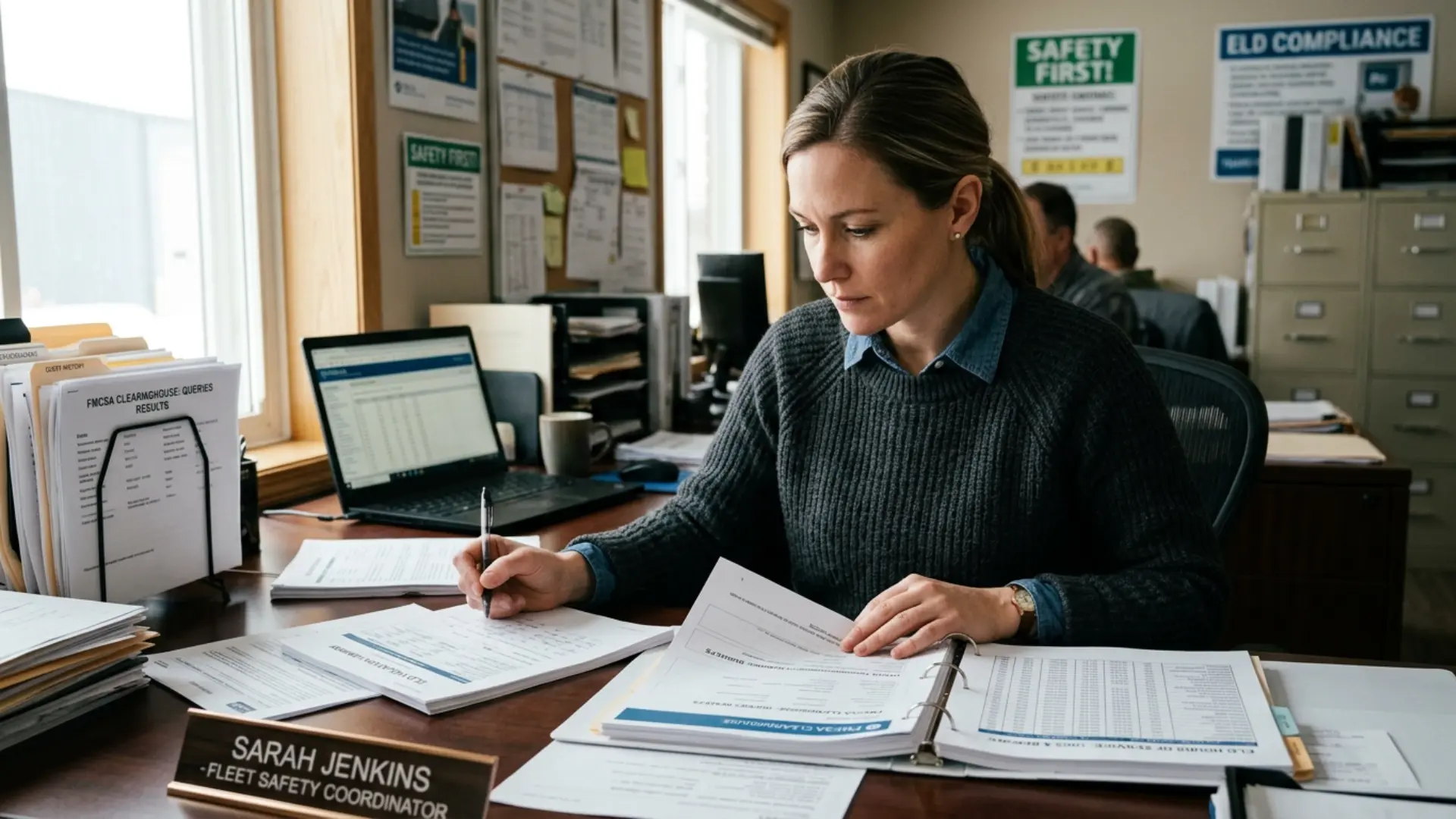 Fleet safety coordinator reviewing FMCSA Drug and Alcohol Clearinghouse query records alongside ELD compliance data during a DOT compliance review