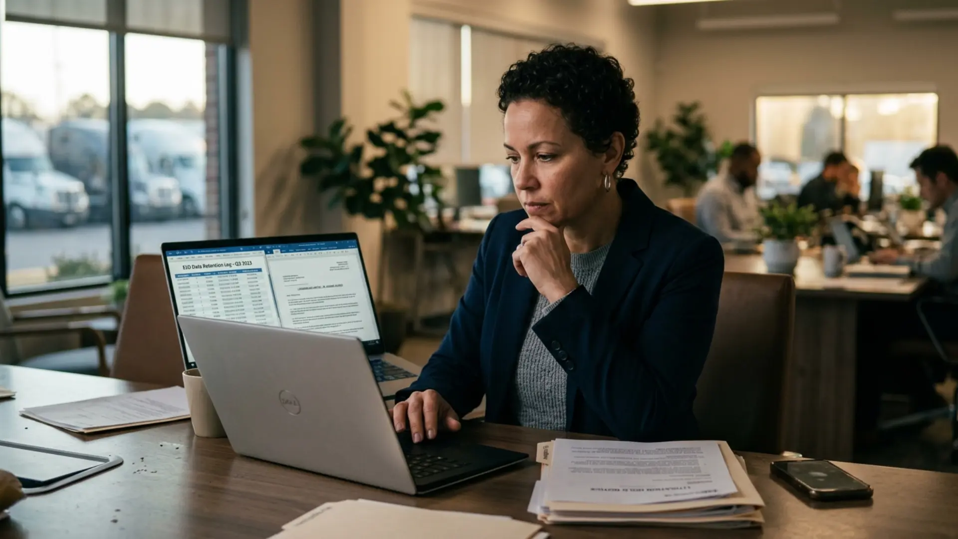 Fleet safety director reviewing ELD retention records and litigation hold documentation on a laptop following a commercial truck crash investigation