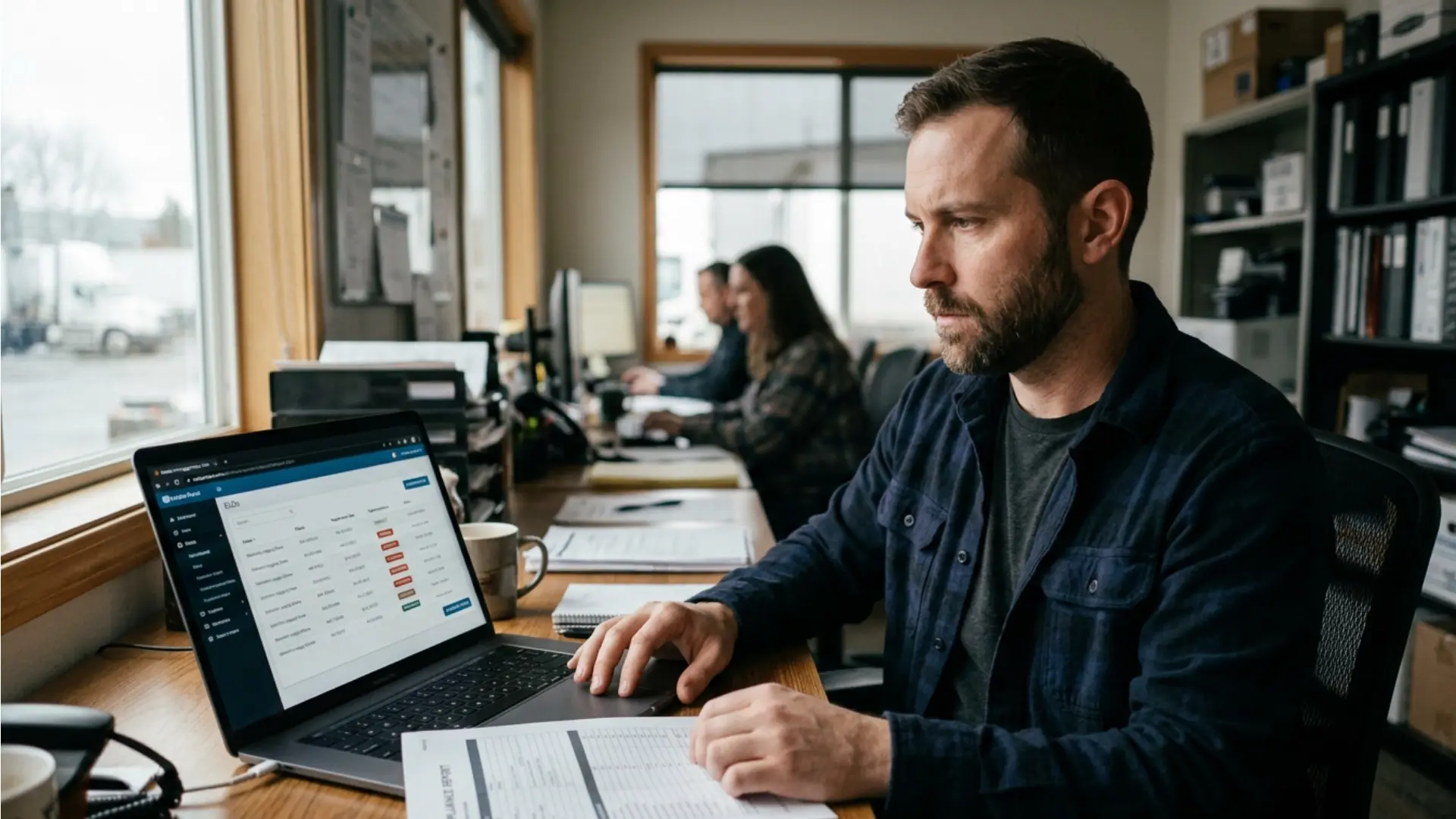 Fleet manager checking whether an ELD provider is still active after a company shutdown, reviewing device registration status and exported compliance data on a laptop