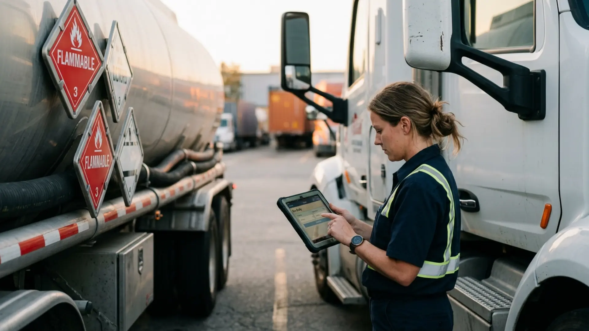 Hazmat carrier driver recording on-duty attendance time in an ELD app beside a placarded tanker truck showing flammable hazard class placards at a terminal