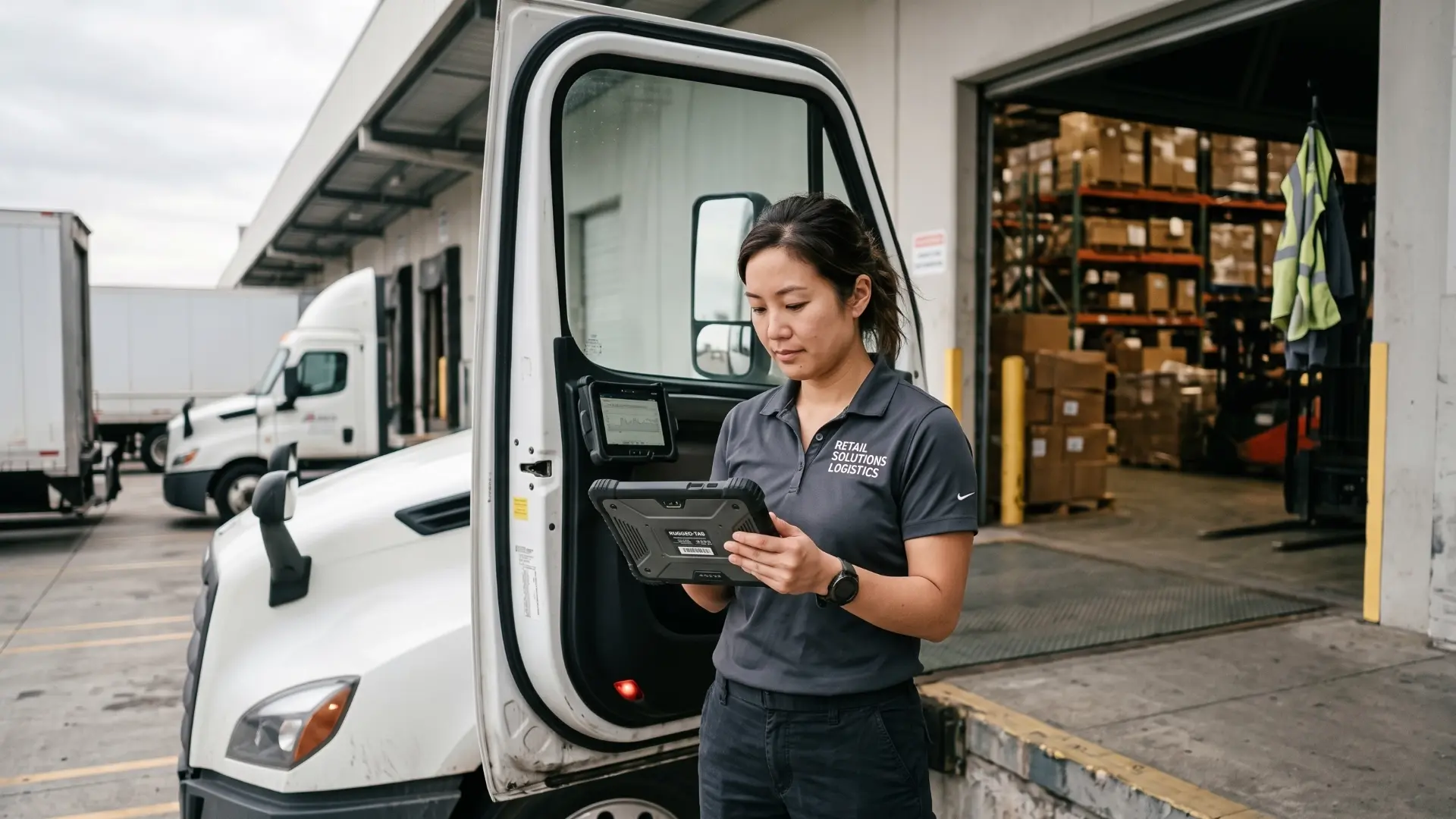 Logistics manager at a retail distribution company reviewing ELD hours-of-service records for a private fleet of company delivery trucks parked at a warehouse dock