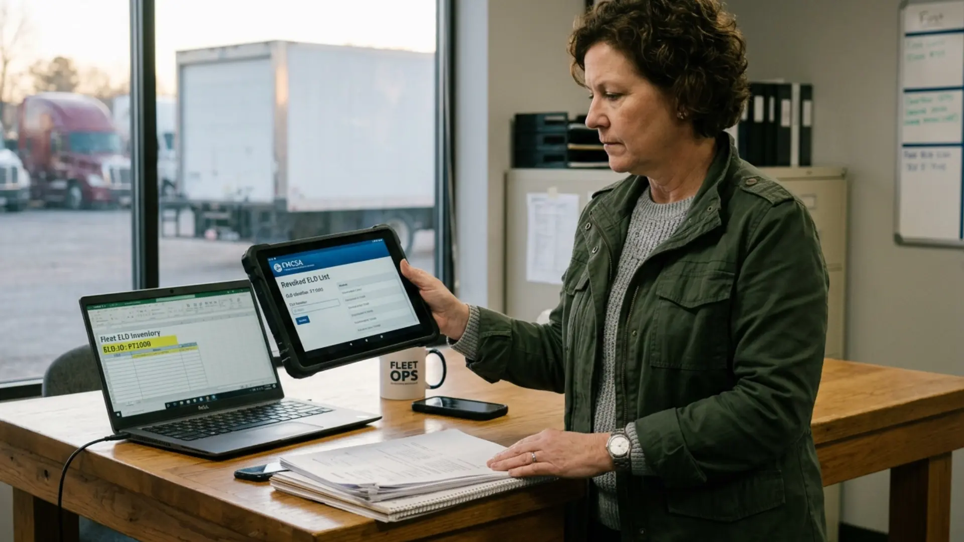 Fleet manager cross-checking a truck's ELD identifier against the FMCSA revoked ELD list to confirm the device is still registered before the deadline