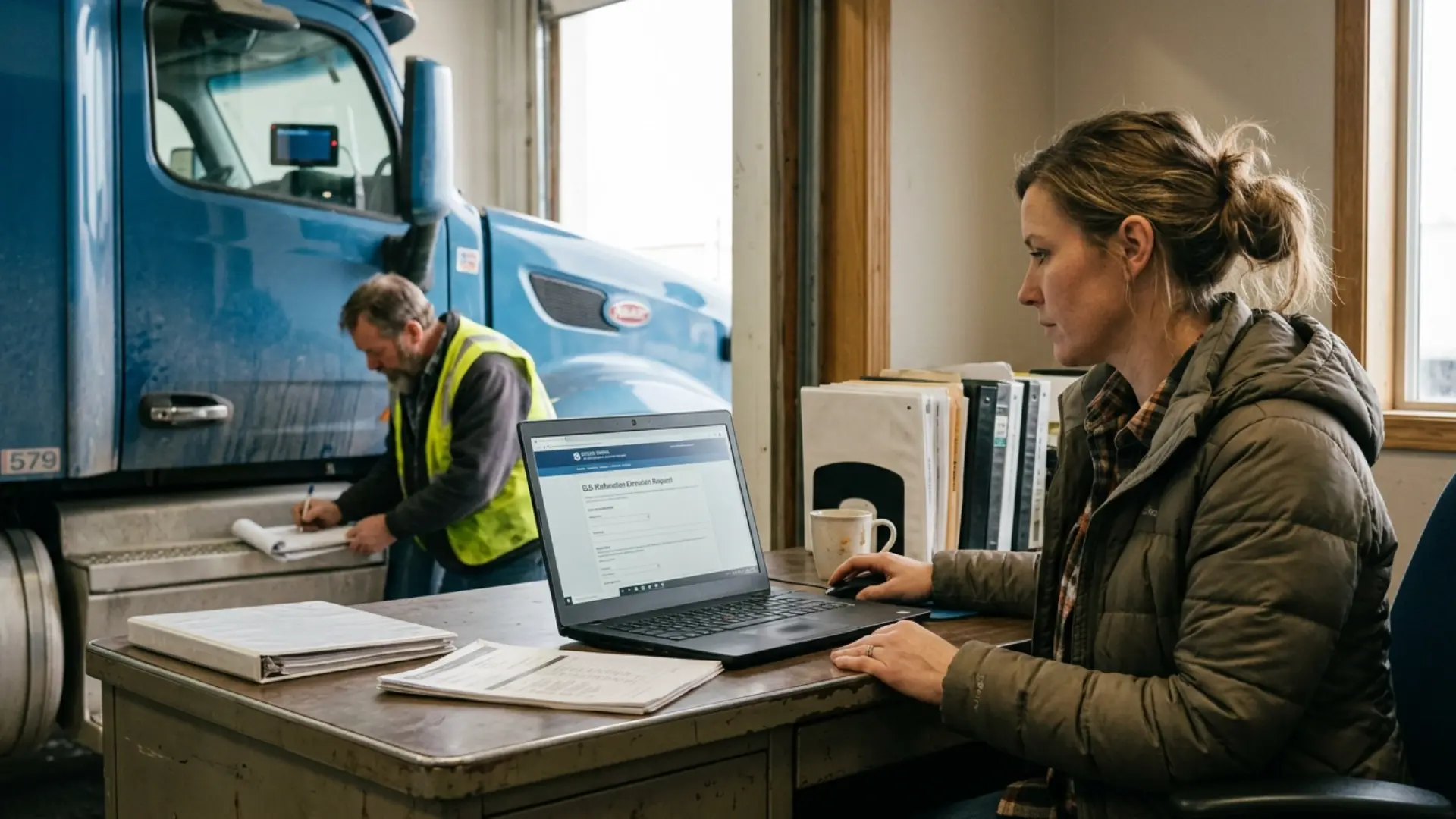 Fleet manager filing an FMCSA ELD malfunction extension request while a driver keeps paper logs beside a truck with a failed in-cab device