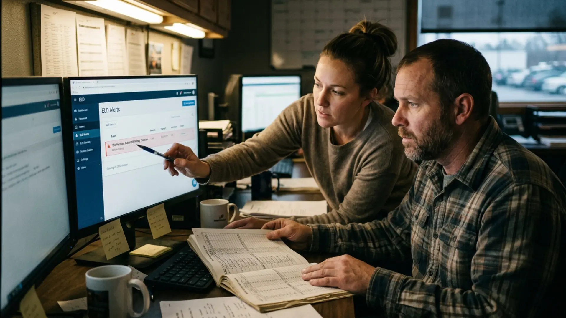 Dispatcher reviewing an ELD alert dashboard beside a driver's HOS log, illustrating how ELD data can support a 390.36 harassment complaint