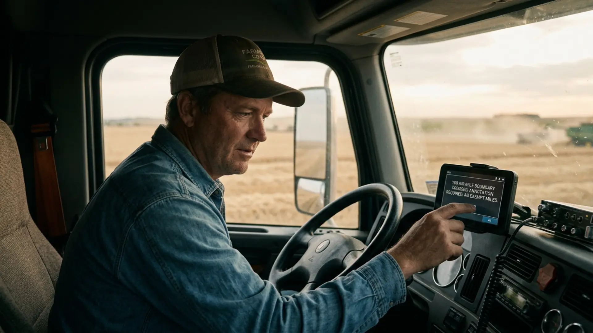 Grain truck driver crossing the 150 air-mile boundary during harvest season while the ELD prompts the required exempt-miles annotation