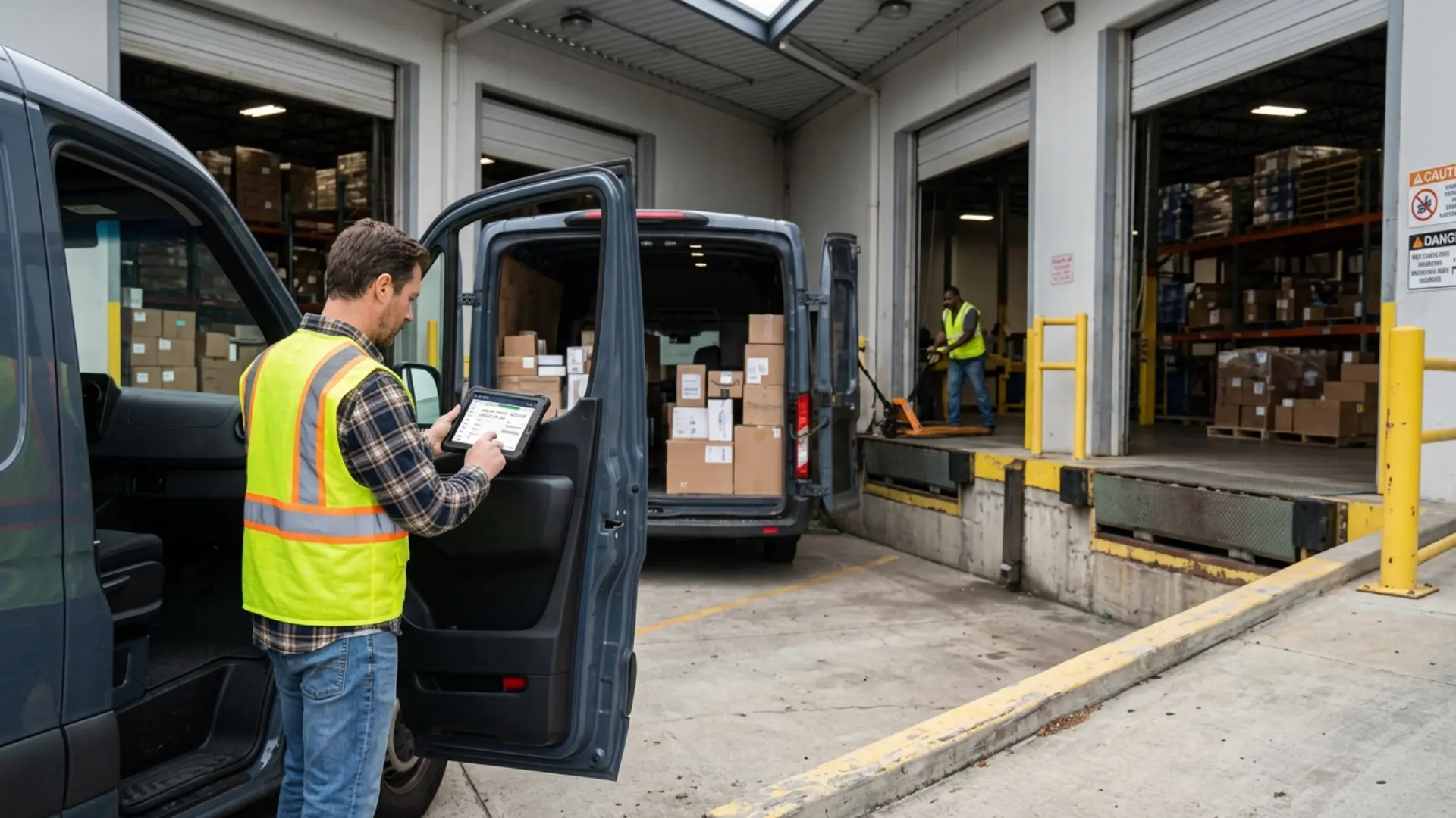Delivery van and box truck at a distribution center dock while a driver checks an ELD app, showing ELD for last-mile delivery fleets