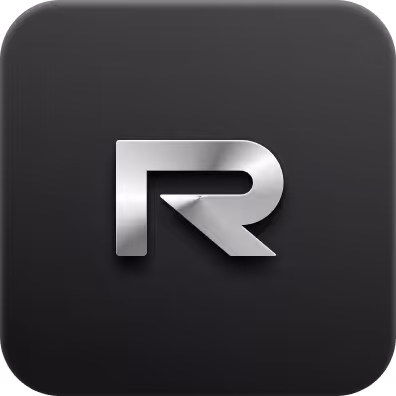 Silver metallic stylized letter R on a rounded dark gray square background.