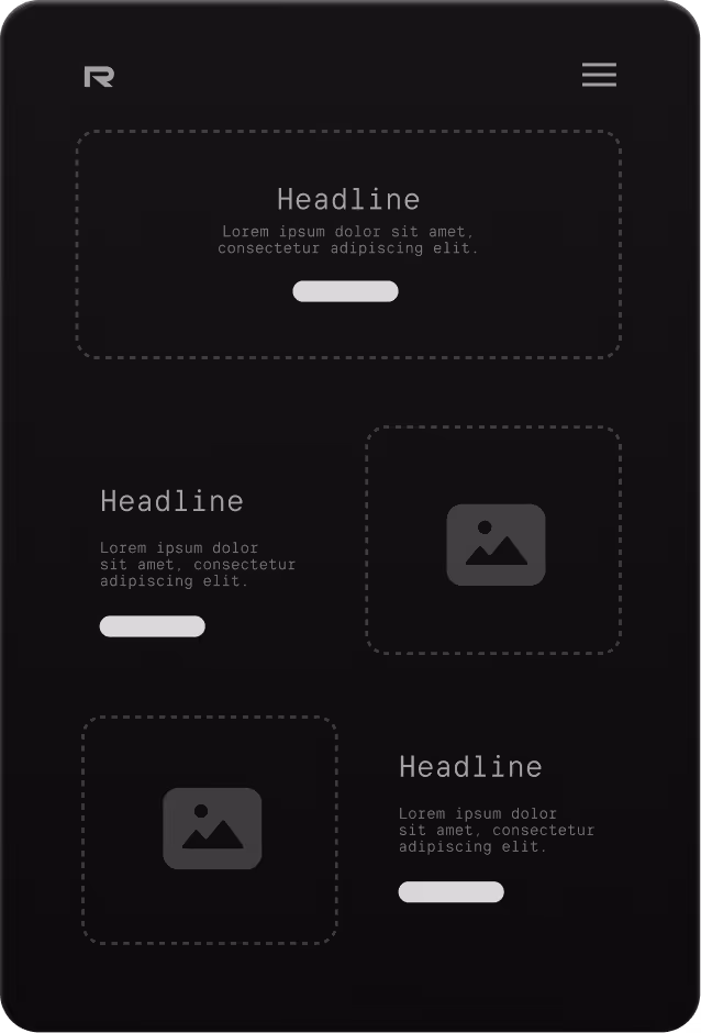 Dark mobile UI wireframe with sections for headlines, text blocks, buttons, and image placeholders.