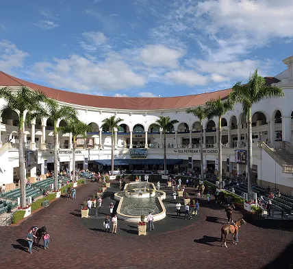 Racetrack courtyard with fountain highlighting South Florida Horsemen’s Group venue.