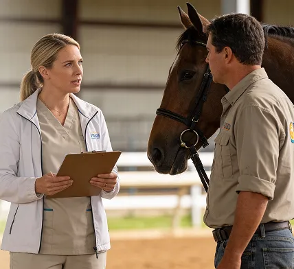 Medical professionals consult horse owner under South Florida Horsemen’s Group benefits.