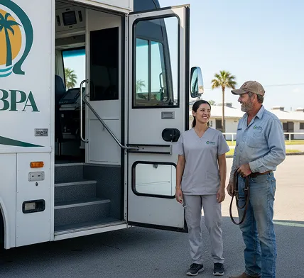 Medical staff beside mobile clinic serving South Florida Horsemen’s Group members.