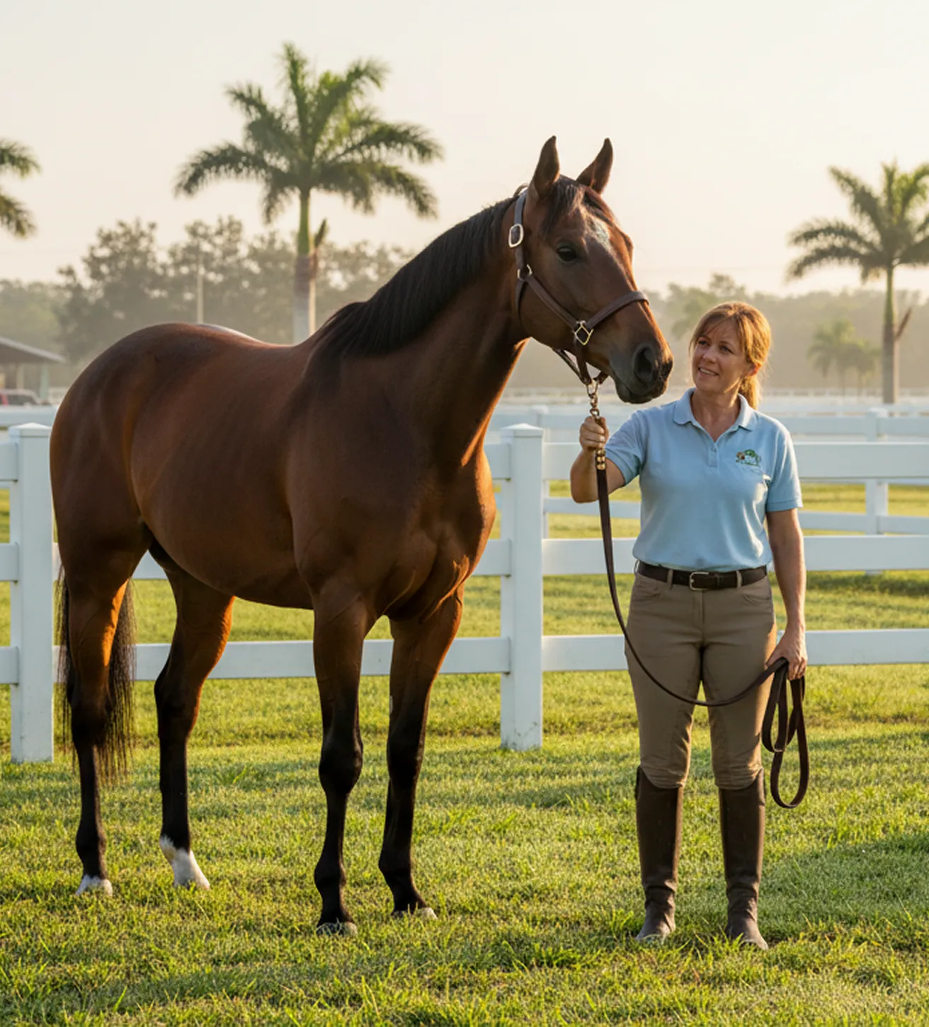 Horse handler stands with thoroughbred in pasture for South Florida Horsemen’s Group.