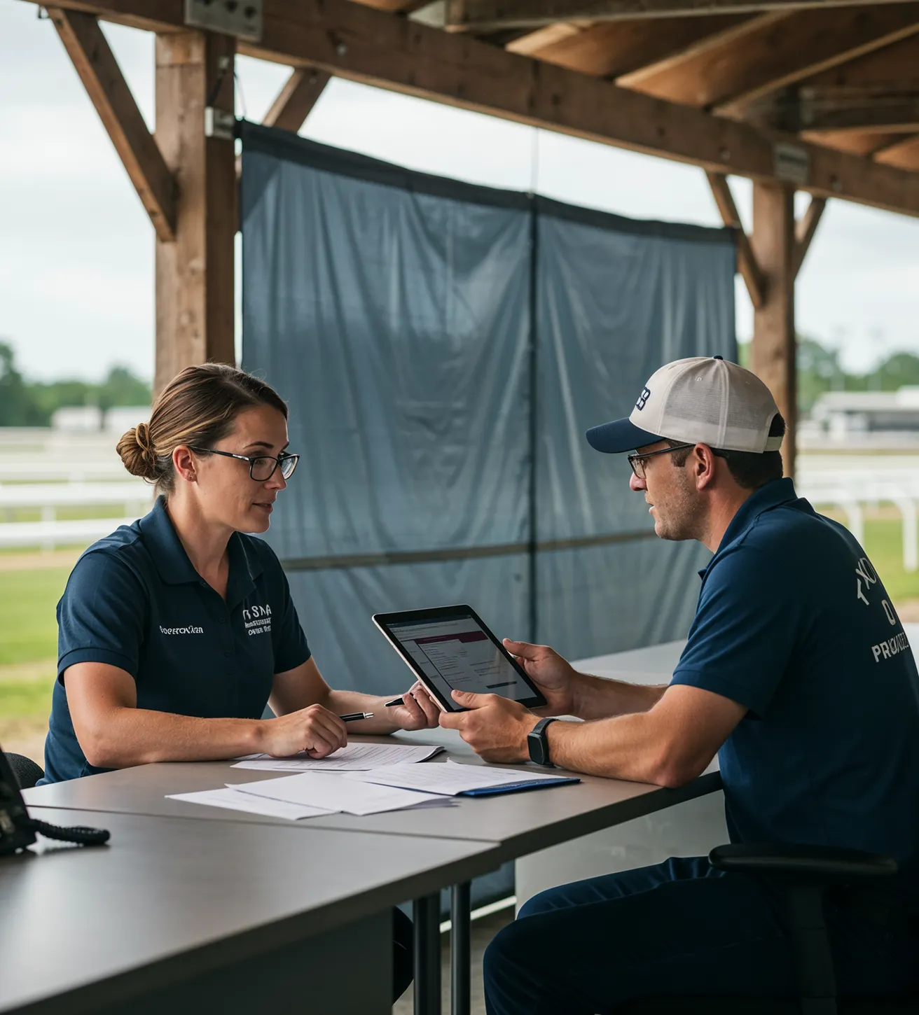 Staff member reviews tablet with client at South Florida Horsemen’s Group office.